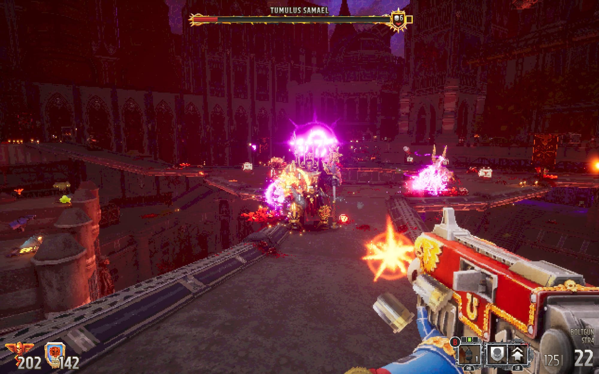 A screenshot of Warhammer 40,000: Boltgun, showing the player firing a boltgun at the antagonist, chaos sorcerer Tumulus Samael