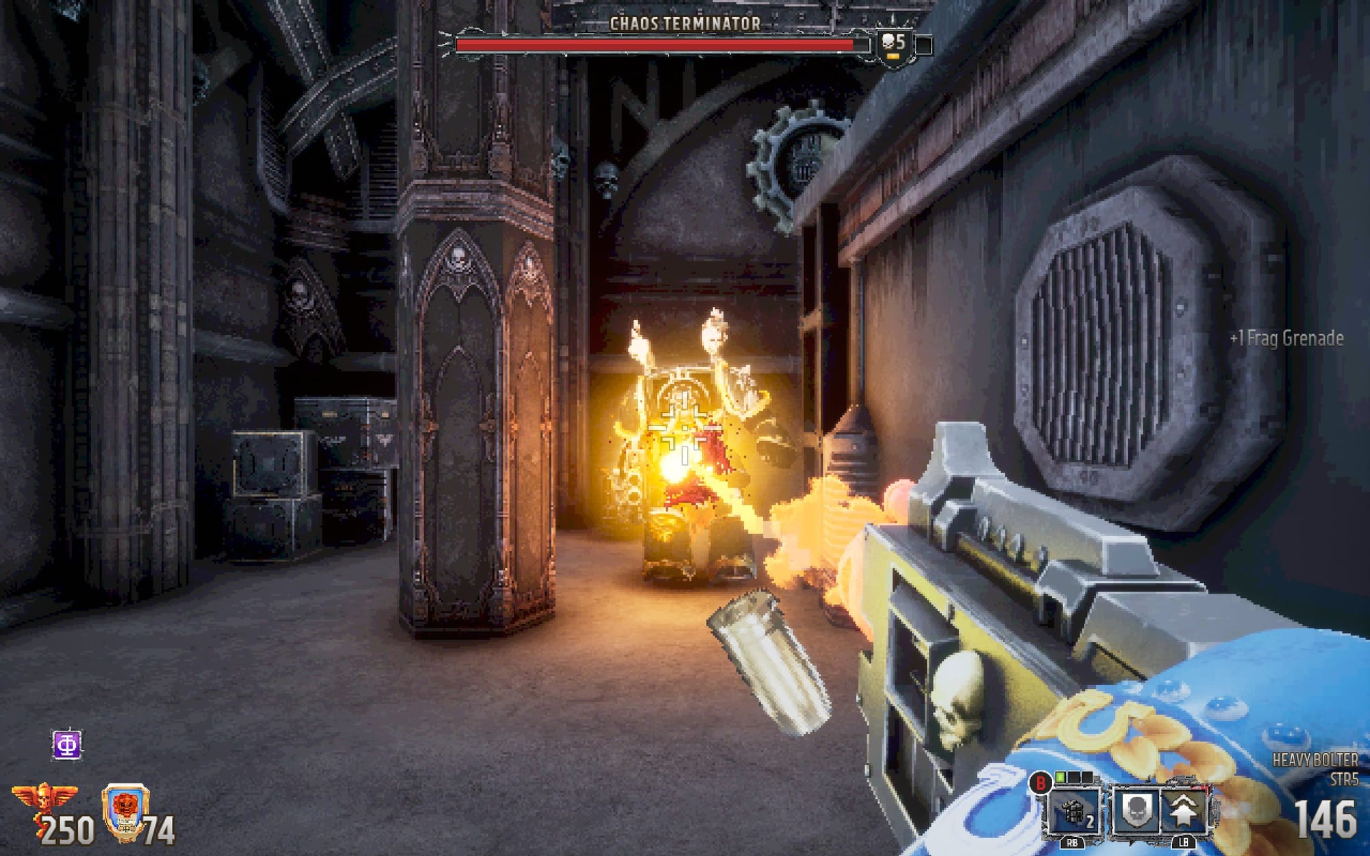 A screenshot of Warhammer 40,000: Boltgun, showing the player fighting a chaos terminator using a heavy bolter.