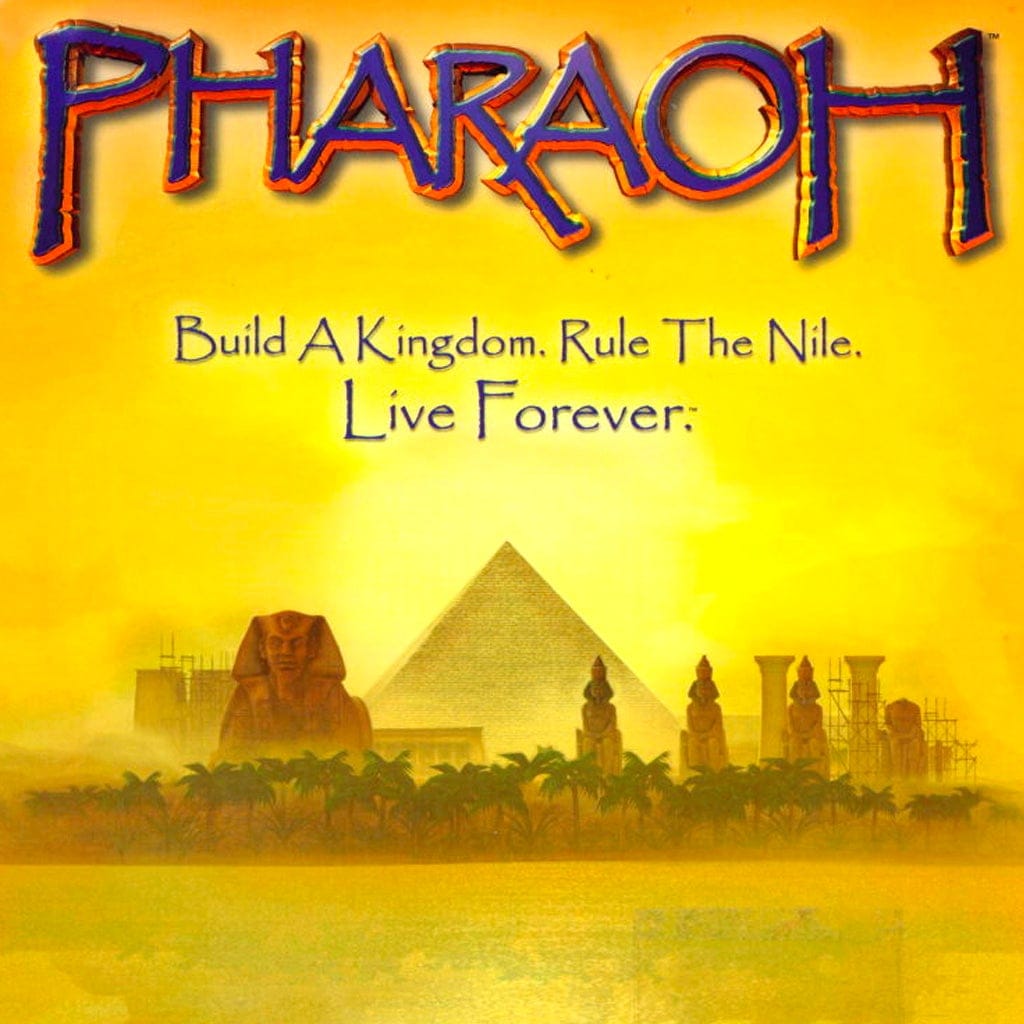 Pharaoh. Build A Kingdom. Rule The Nile. Live Forever. Cover art for Pharaoh (1999), showing a sphinx, pyramid and monuments under construction.