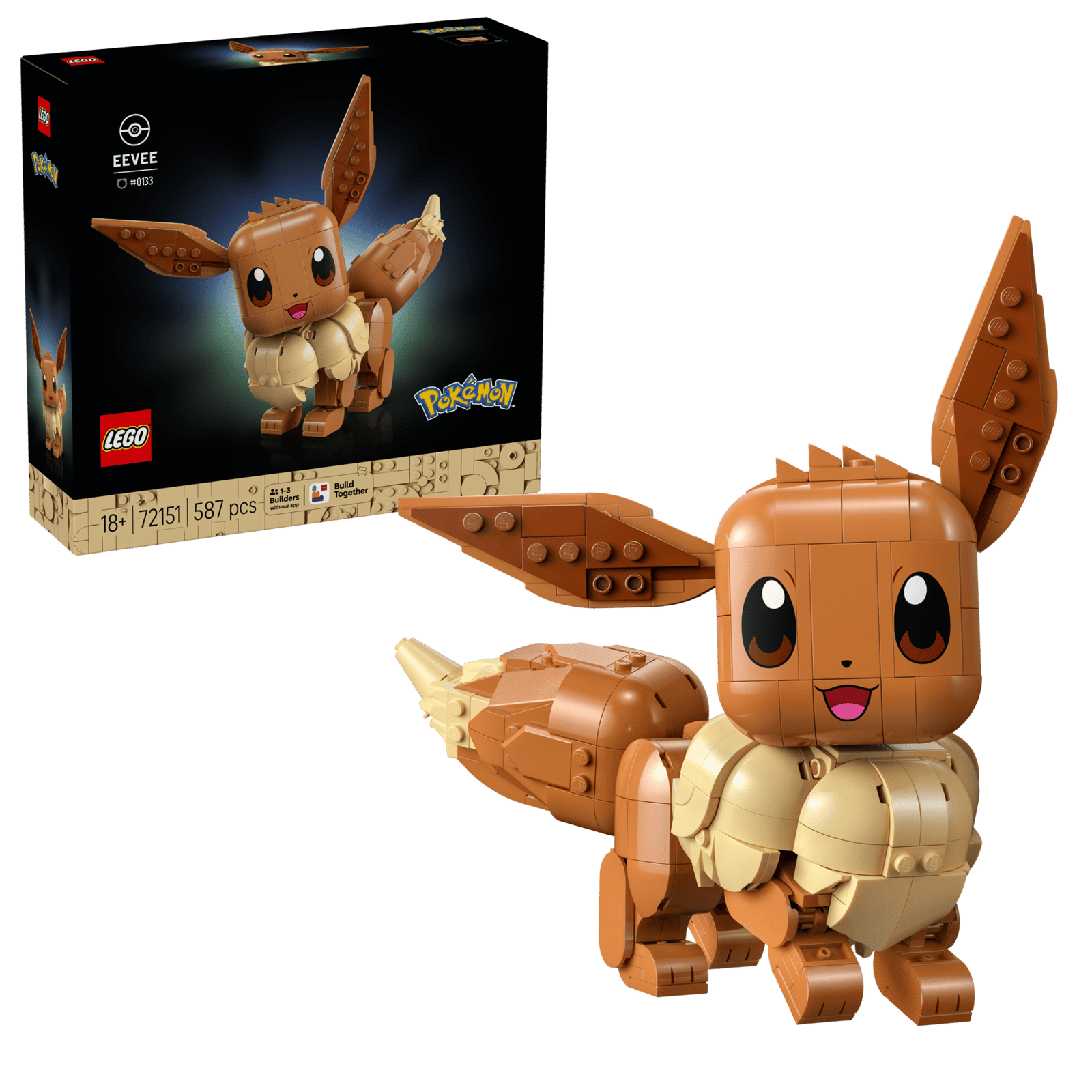 A photo showcasing the new Eevee LEGO set, alongside its box art.
