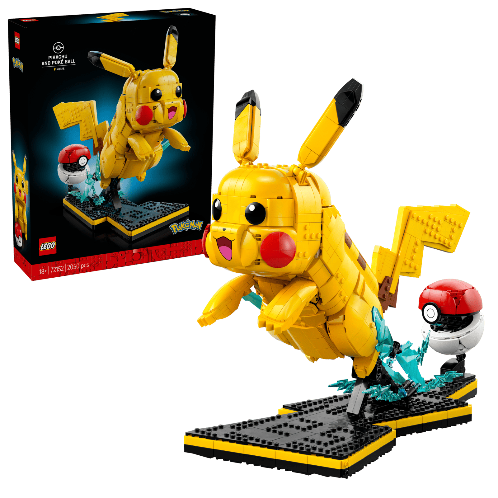 A photo of a Pikachu and Poké Ball LEGO set and box art.