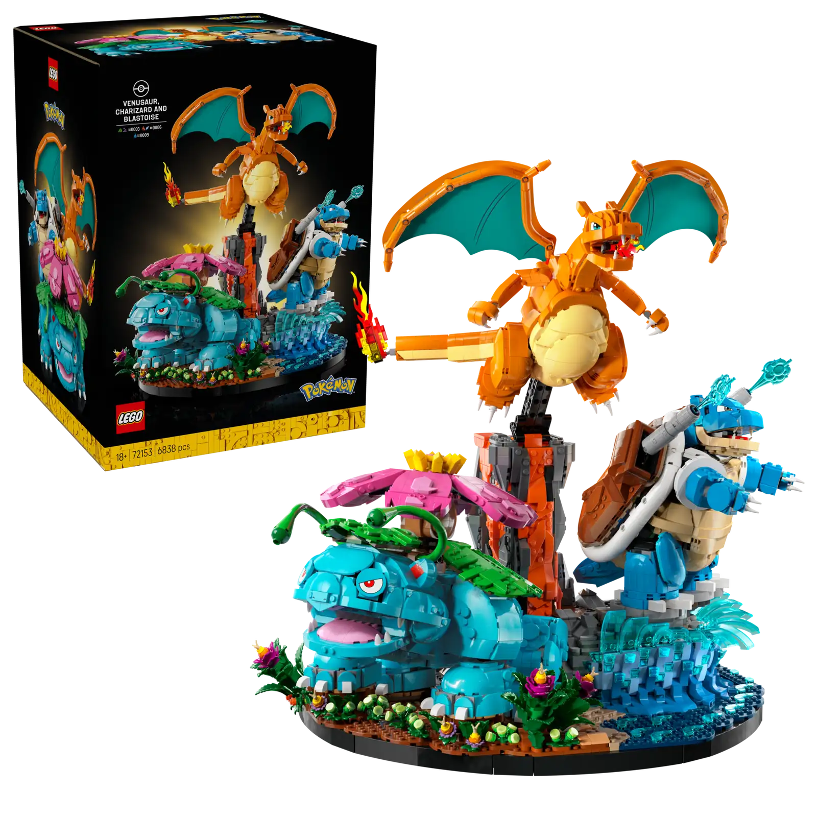 A photo of the LEGO set Venusaur, Charizard and Blastoise, showing the model and its box.